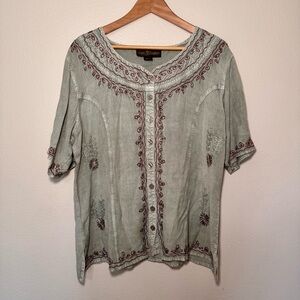 Agan Traders Embroidered Sage Button Down Top XL Boho
